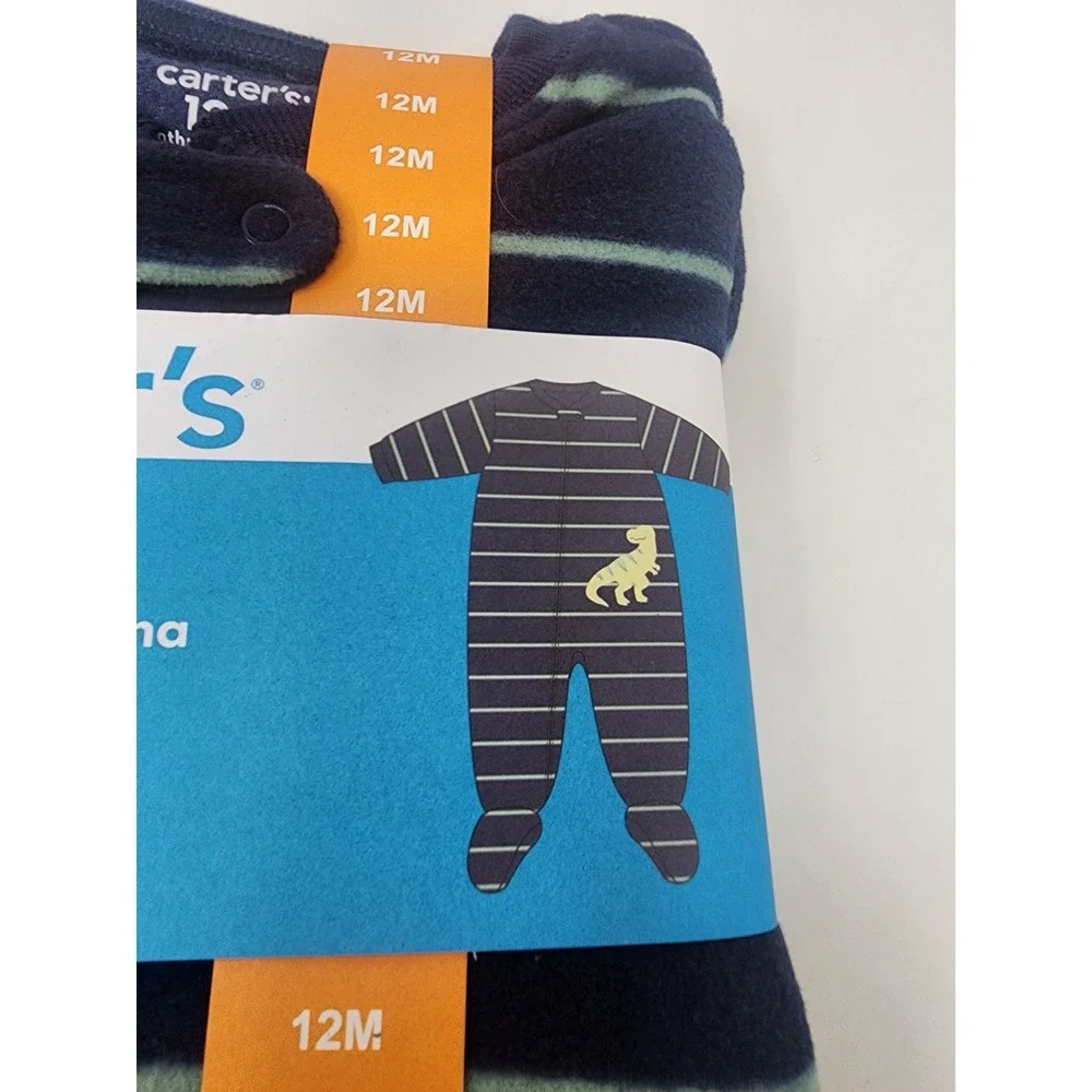 Carter's Boys Fleece Footie Pajama Blue Striped Dinosaur Casual Size 12 Month